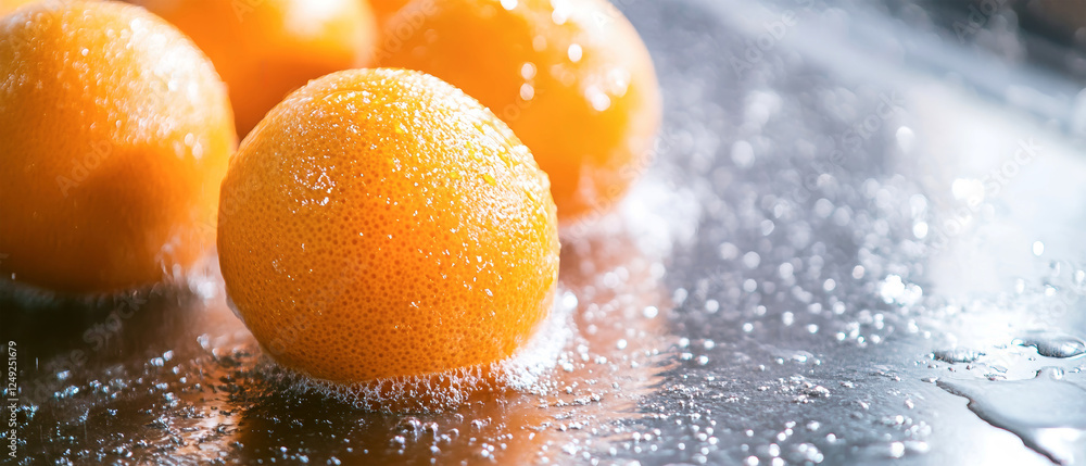 Fresh oranges being washed in an industrial food processing facility for quality production Fresh oranges being washed in an industrial food processing facility for quality production