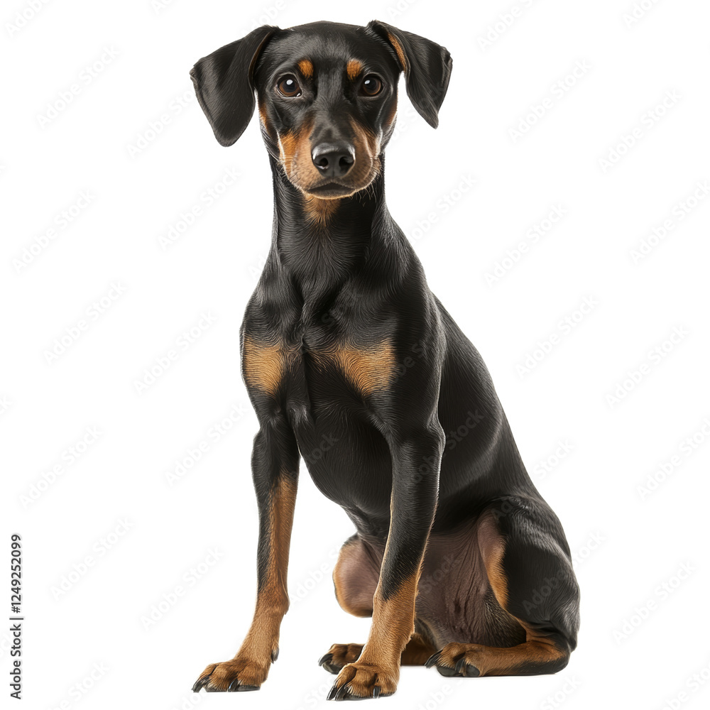 Black and Tan Pinscher Dog Sitting on White Background Black and Tan Pinscher Dog Sitting on White Background