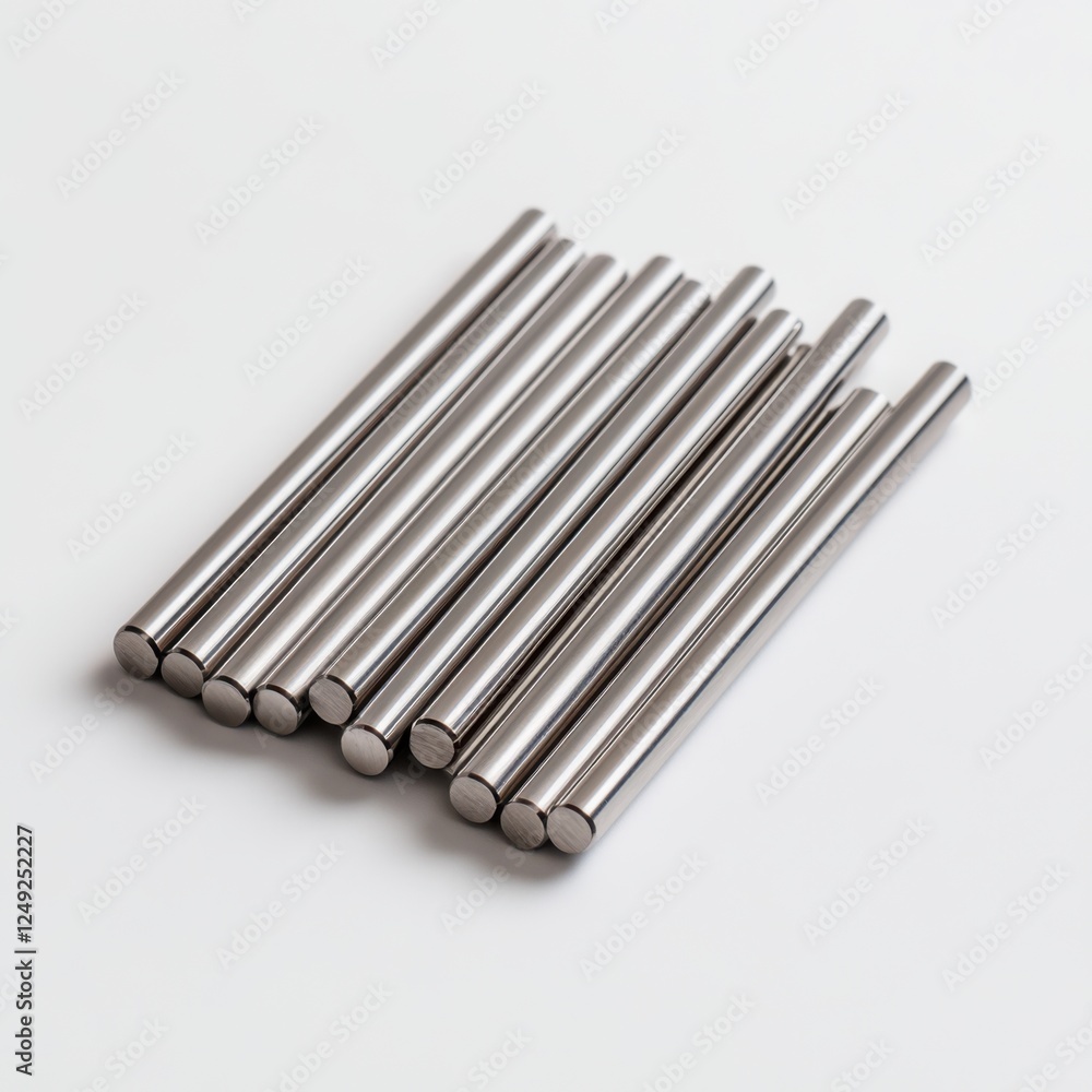 Close-up View of Metallic Steel Rods Aligned Neatly on White Background for Industrial and Engineering Applications Close-up View of Metallic Steel Rods Aligned Neatly on White Background for Industrial and Engineering Applications