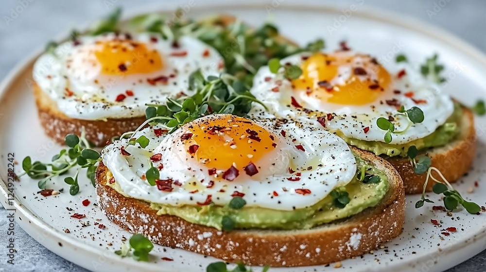 Avocado toast with fried eggs, herbs, spices. Breakfast food photography Avocado toast with fried eggs, herbs, spices. Breakfast food photography