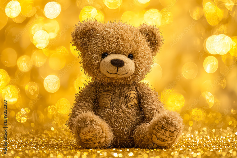 Teddy bear is sitting on a gold background. The bear is smiling and he is happy Teddy bear is sitting on a gold background. The bear is smiling and he is happy