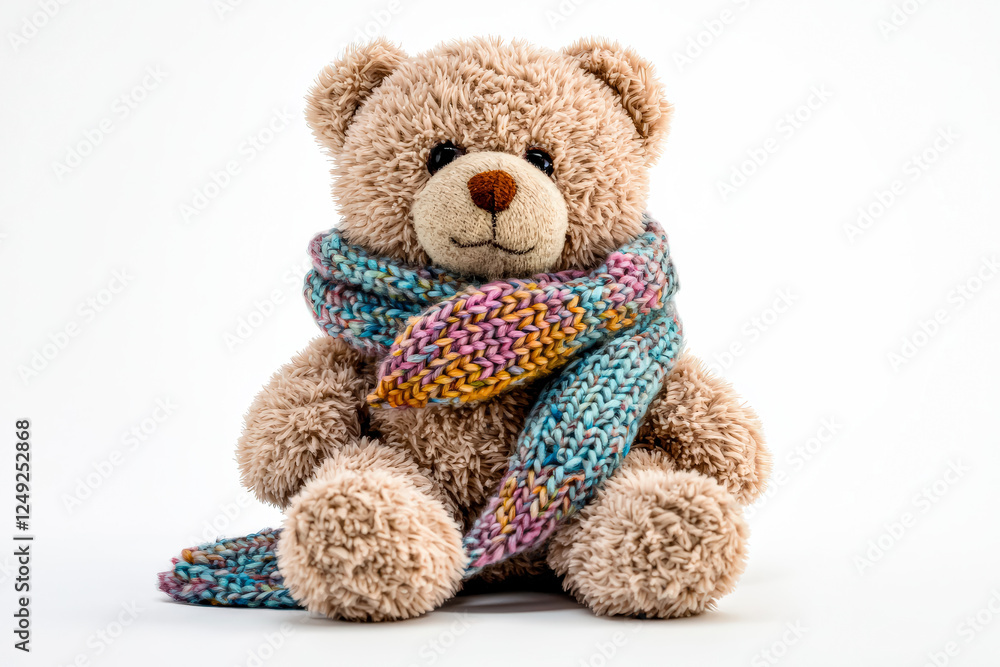 Obraz premium Teddy bear is wearing a knit scarf. The bear is sitting on a white background. The scarf is colorful and has a pattern. The bear looks cozy and warm, as if it's ready for a cold day
