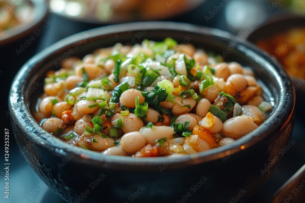white beans in a bowl with spring onion close up white beans in a bowl with spring onion close up