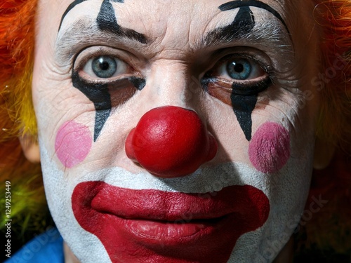 Close-Up Portrait of a Traditional Clown with Vibrant Face Paint photo