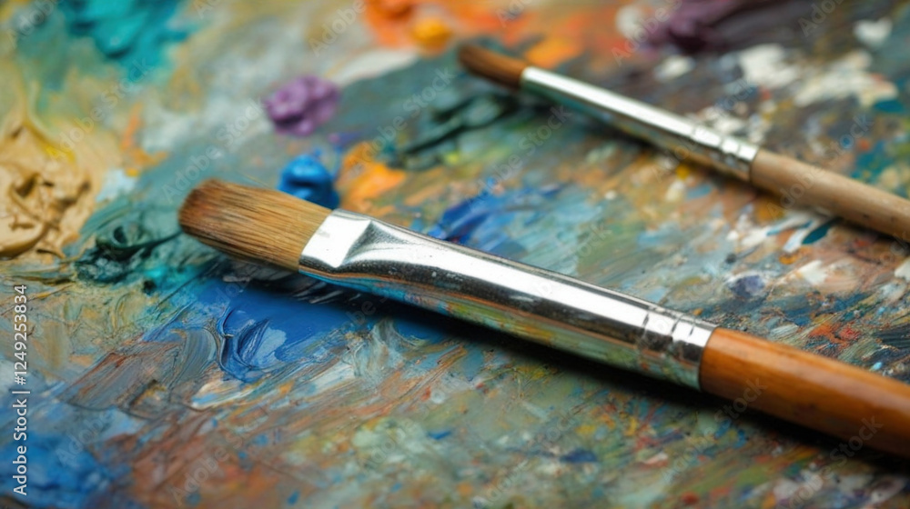 Two paintbrushes lying on a colorful artist's palette covered with mixed oil or acrylic paints in various shades of blue, orange, and yellow. Two paintbrushes lying on a colorful artist's palette covered with mixed oil or acrylic paints in various shades of blue, orange, and yellow.
