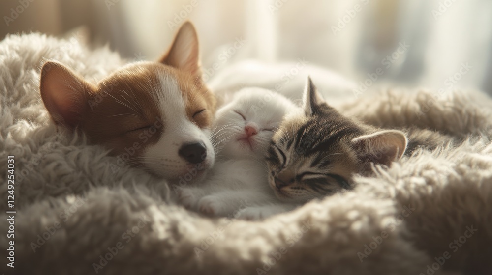Puppy and kitten sleeping peacefully on a soft blanket, radiating warmth and serenity. Puppy and kitten sleeping peacefully on a soft blanket, radiating warmth and serenity.