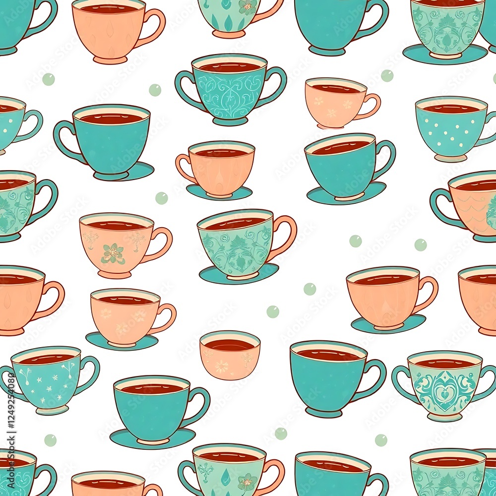Teacup Pattern: A delightful seamless pattern featuring an array of charming teacups in various pastel colors and delicate patterns, perfect for adding a touch of whimsy to any design project. Teacup Pattern: A delightful seamless pattern featuring an array of charming teacups in various pastel colors and delicate patterns, perfect for adding a touch of whimsy to any design project.