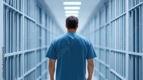 Man in Blue Shirt Walking Through Empty Prison Corridor with Blue Walls and Bars in Soft Lighting Free Download Man in Blue Shirt Walking Through Empty Prison Corridor with Blue Walls and Bars in Soft Lighting - GFXLoad