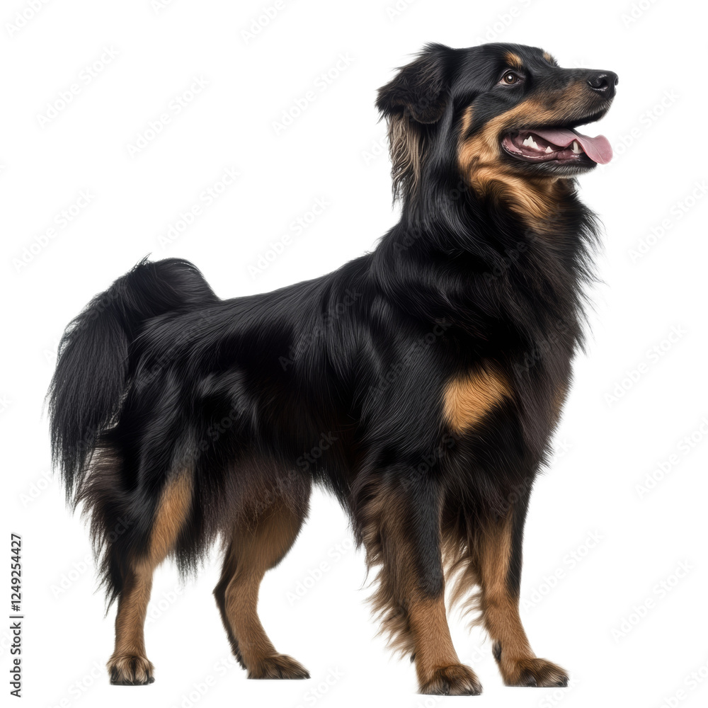 Happy Black and Tan Long-haired Dog Standing on White Background Happy Black and Tan Long-haired Dog Standing on White Background
