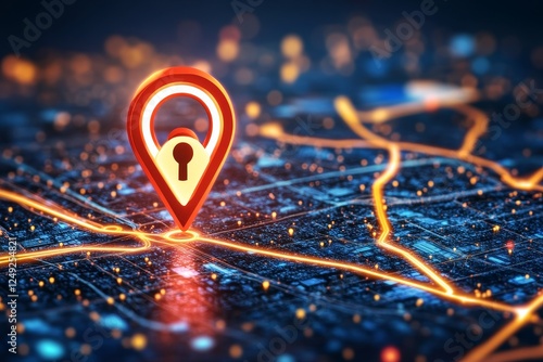 Digital Map Pin with Lock Icon Representing Location Privacy and Security