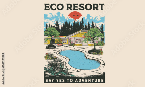 National park graphic artwork for sticker, poster, background. Eco resort with swing pool artwork. Colorado adventure vintage print design for t shirt and others.