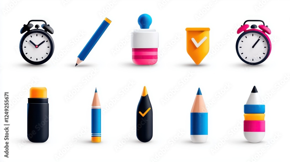 Collection Of Colorful School Supplies And Alarm Clocks Collection Of Colorful School Supplies And Alarm Clocks