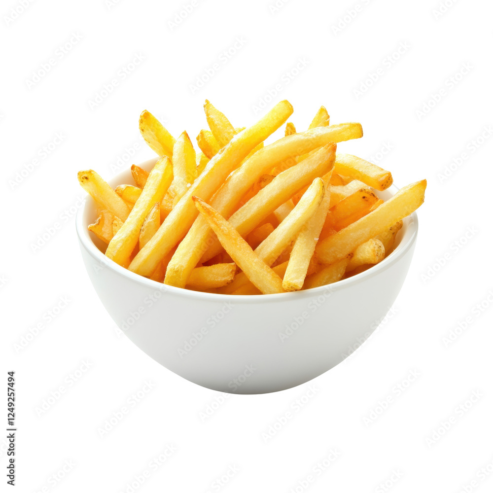Crispy golden fries served in a white bowl, capturing the essence of a quick snack, isolated on a transparent background, png Crispy golden fries served in a white bowl, capturing the essence of a quick snack, isolated on a transparent background, png