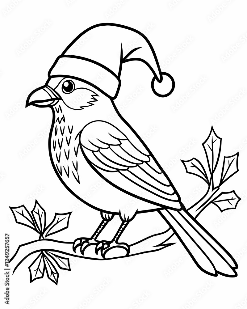 Fototapeta premium Winter mood coloring page. Coloring book with bird sitting on holly branch. Printable coloring page for children.