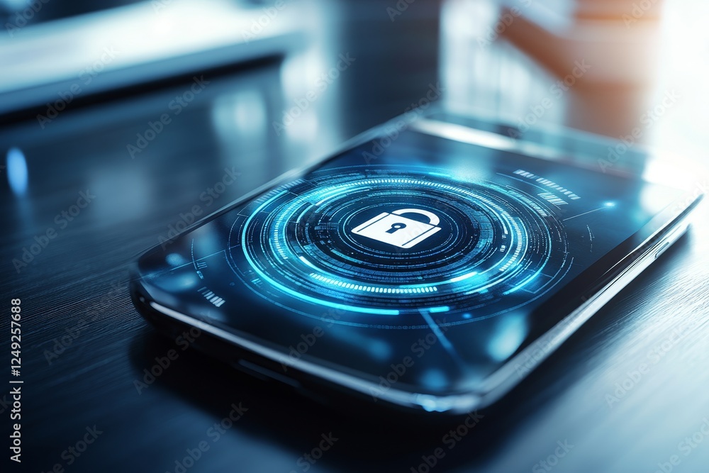 Digital Security Concept with Locked Smartphone on Wooden Desk