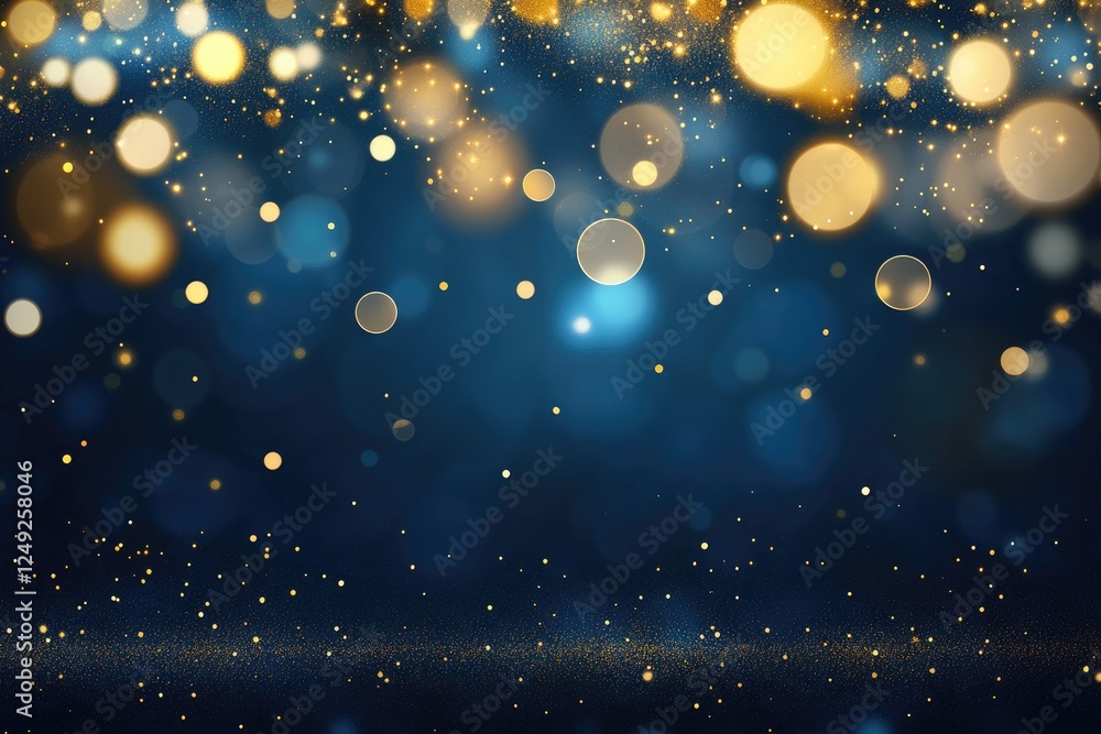 Obraz premium Abstract dark blue and gold particle background with Christmas golden light bokeh, shining particles on navy blue, gold foil texture, festive holiday concept.