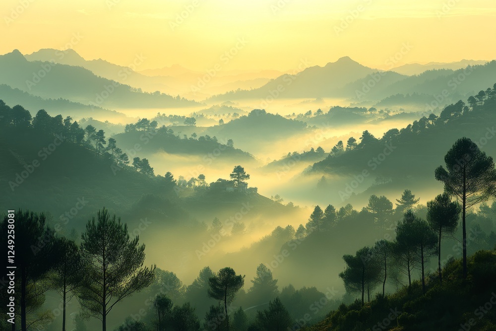 Misty mountain landscape at dawn with silhouettes of trees and rolling hills under golden light Misty mountain landscape at dawn with silhouettes of trees and rolling hills under golden light