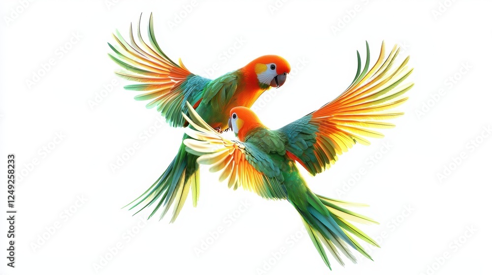 Colorful Macaws in Flight Showcasing Brilliant Feathers Against a Bright Background Colorful Macaws in Flight Showcasing Brilliant Feathers Against a Bright Background