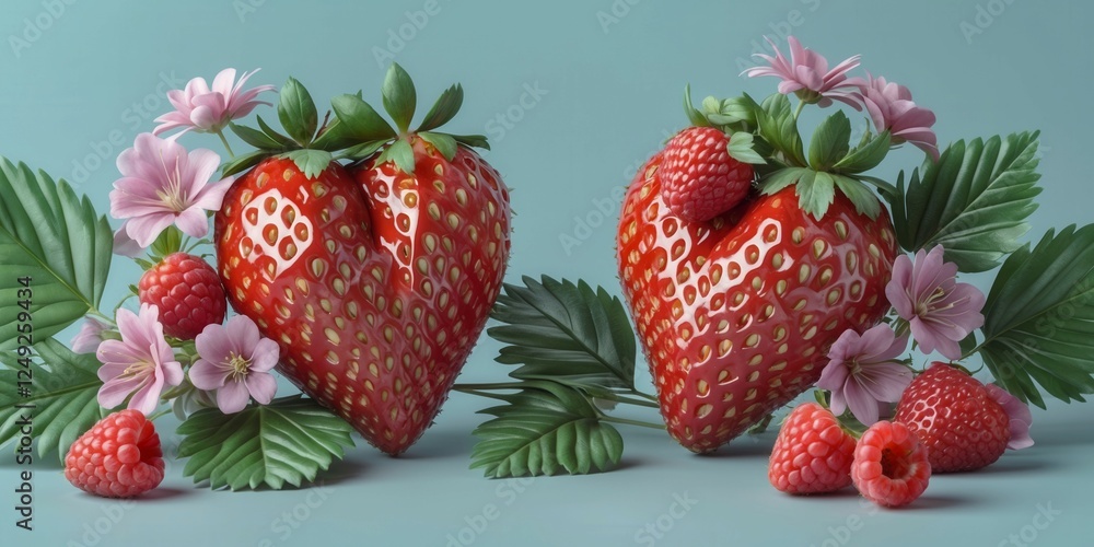Two red strawberries with green leaves on top of a blue background. The strawberries are arranged in the shape of a heart Two red strawberries with green leaves on top of a blue background. The strawberries are arranged in the shape of a heart