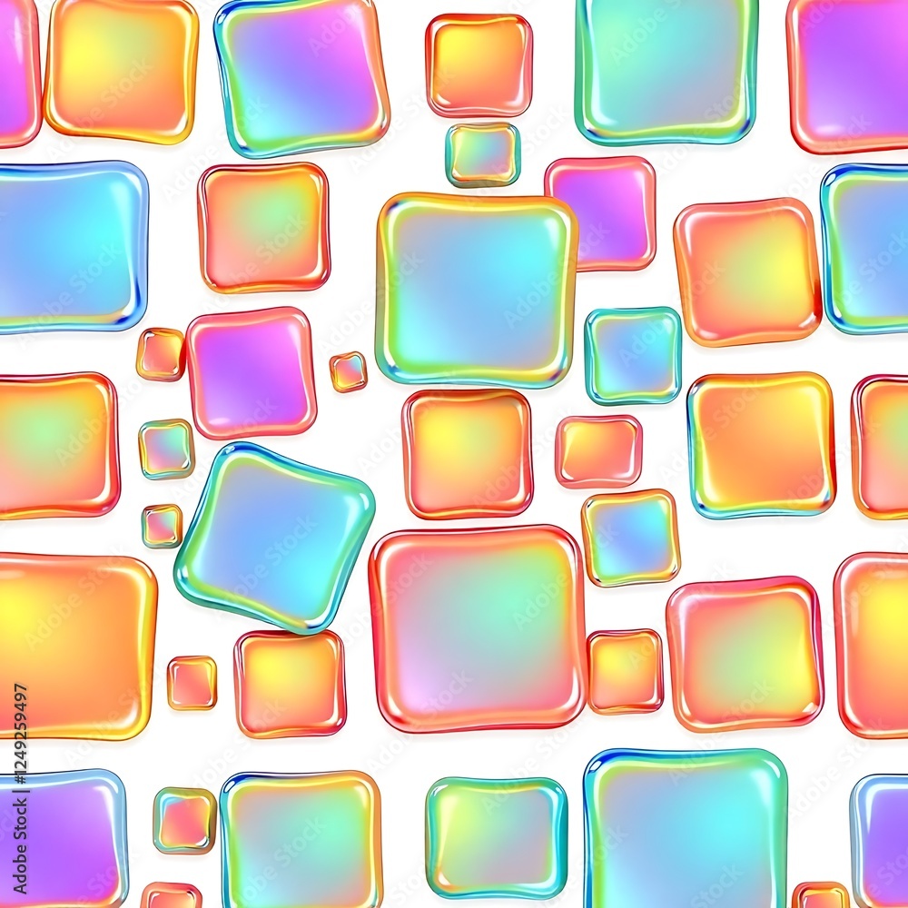 Rainbow Square Pattern: A vibrant, playful pattern of iridescent squares in various sizes and pastel shades, creating a fun, dynamic design. Rainbow Square Pattern: A vibrant, playful pattern of iridescent squares in various sizes and pastel shades, creating a fun, dynamic design.