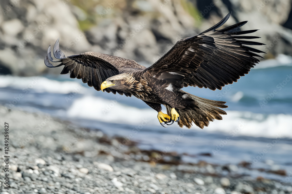 Fototapeta premium Large eagle is flying over a rocky beach. The eagle is soaring high in the sky, with its wings spread wide. The scene is serene and peaceful, with the eagle being the focal point of the image