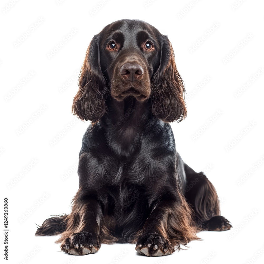 Dark Brown Cocker Spaniel Dog Sitting, Isolated on White Background