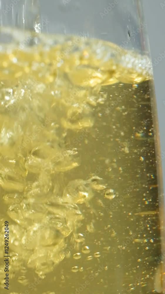 Apple cider vinegar is poured, vertical slow motion macro, lots of bubbles in liquid Apple cider vinegar is poured, vertical slow motion macro, lots of bubbles in liquid