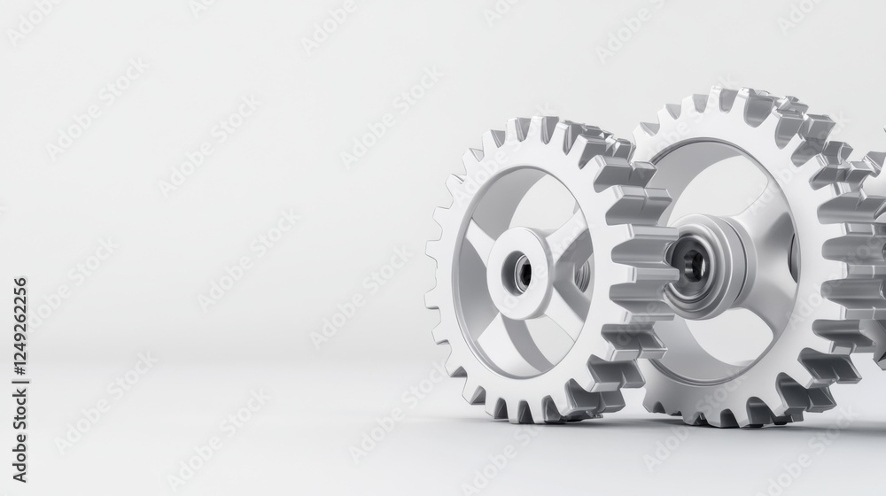 Close-up View of Two Interlocking Sleek White Gears Isolated on a Bright Background for Mechanical Design Concept Close-up View of Two Interlocking Sleek White Gears Isolated on a Bright Background for Mechanical Design Concept