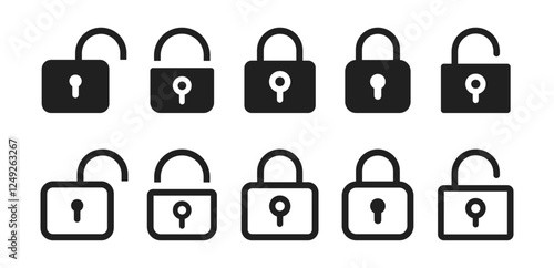 Set of locked and unlocked padlock icon cybersecurity and privacy symbol
