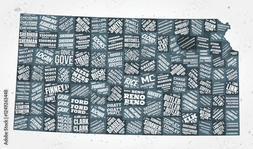 Kansas counties word clouds. State shape on textured background. Kansas design in typographic style. Stylish vector illustration.