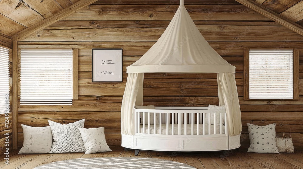 Cozy Rustic Nursery with Canopy Crib in Wooden Interior Design Cozy Rustic Nursery with Canopy Crib in Wooden Interior Design