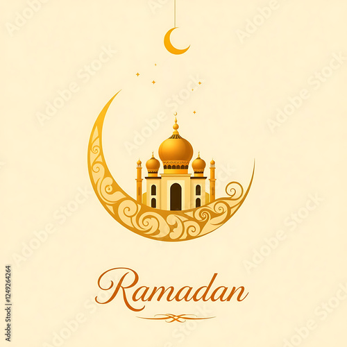 Golden Mosque and Crescent Moon Illustration for Ramadan