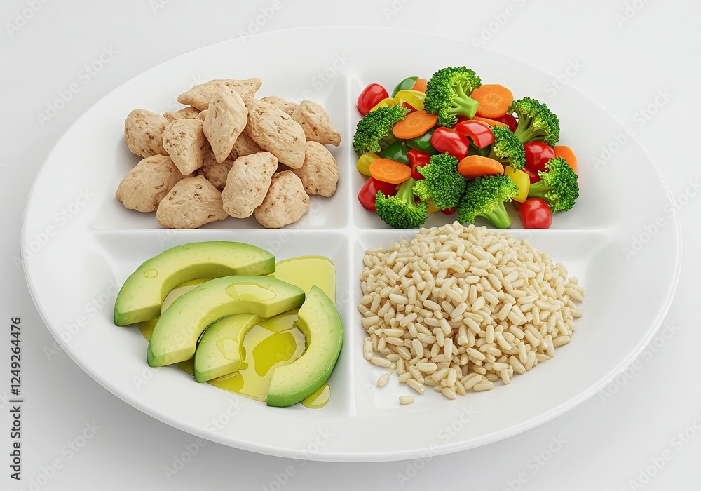 Portion Control Plate Balanced Meal with Chicken, Vegetables, Avocado, and Brown Rice, Healthy Eating and Diet Concept, Diet Plate, Food Photography, Close-up, White Background. Portion Control Plate Balanced Meal with Chicken, Vegetables, Avocado, and Brown Rice, Healthy Eating and Diet Concept, Diet Plate, Food Photography, Close-up, White Background.
