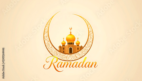 Golden Mosque and Crescent Moon Illustration for Ramadan