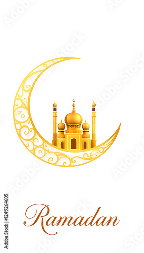 Golden Mosque and Crescent Moon Illustration for Ramadan