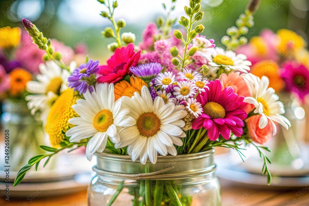 Daisy and rose bouquet in glass jars for wedding decorations Daisy and rose bouquet in glass jars for wedding decorations