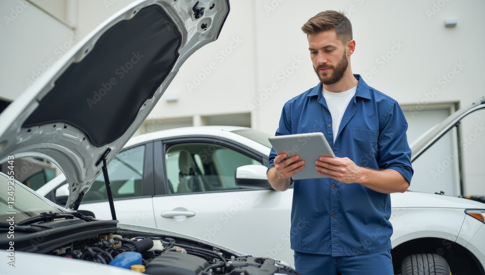 an auto mechanic with a tablet in his hands near a car with an open hood an auto mechanic with a tablet in his hands near a car with an open hood