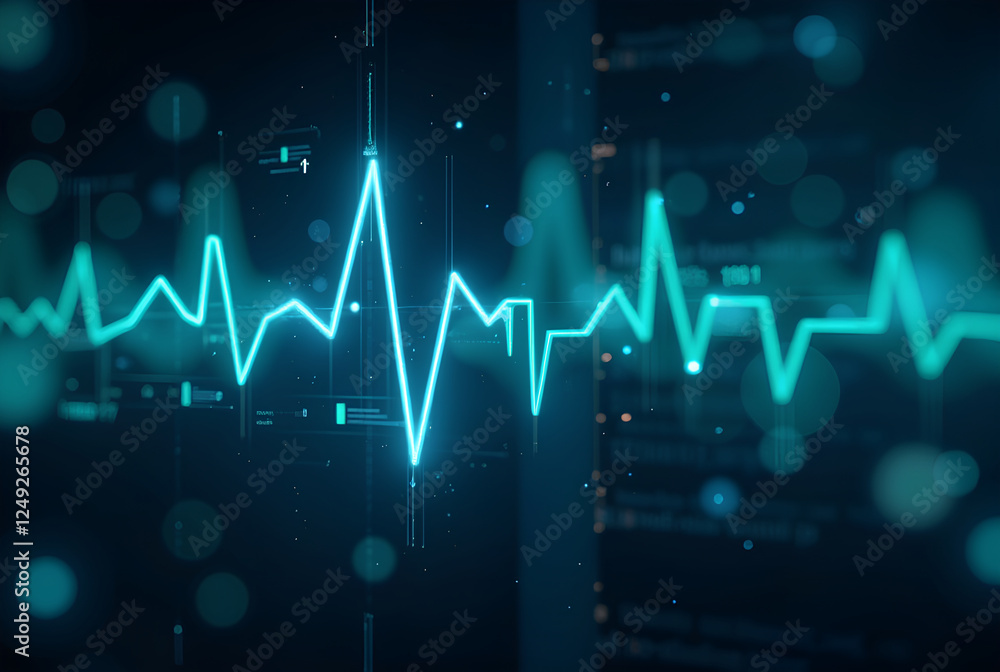 Obraz premium Abstract digital health concept, glowing heart rate patterns, biometric data streams, blue and green neon lights, clean and futuristic healthcare interface, ultra-detailed, modern digital background 