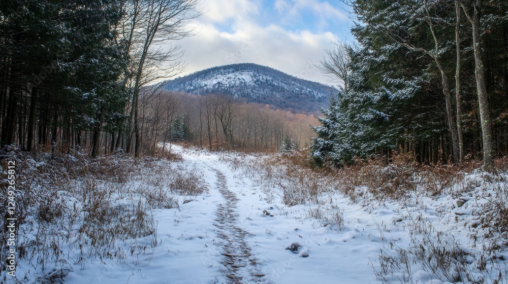 A winter hiking trail winding through a frozen forest, leading towards a dramatic mountain backdrop A winter hiking trail winding through a frozen forest, leading towards a dramatic mountain backdrop