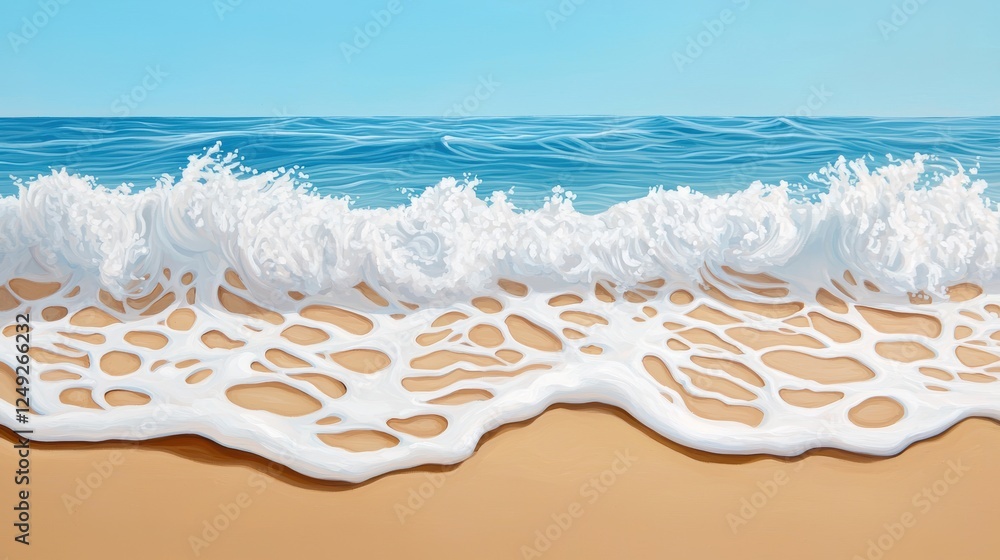 Waves crashing on sandy beach coastal scene digital art serene environment wide angle view tranquility concept Waves crashing on sandy beach coastal scene digital art serene environment wide angle view tranquility concept