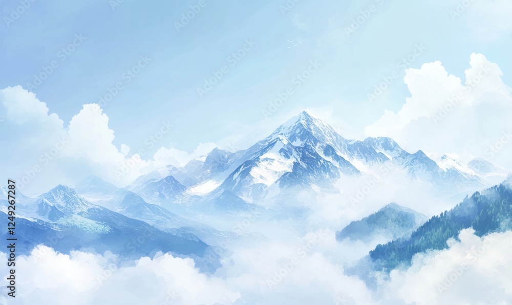 Majestic snow-capped mountains rise above clouds; serene landscape; peaceful nature scene; ideal for travel, nature, or serenity themes Majestic snow-capped mountains rise above clouds; serene landscape; peaceful nature scene; ideal for travel, nature, or serenity themes