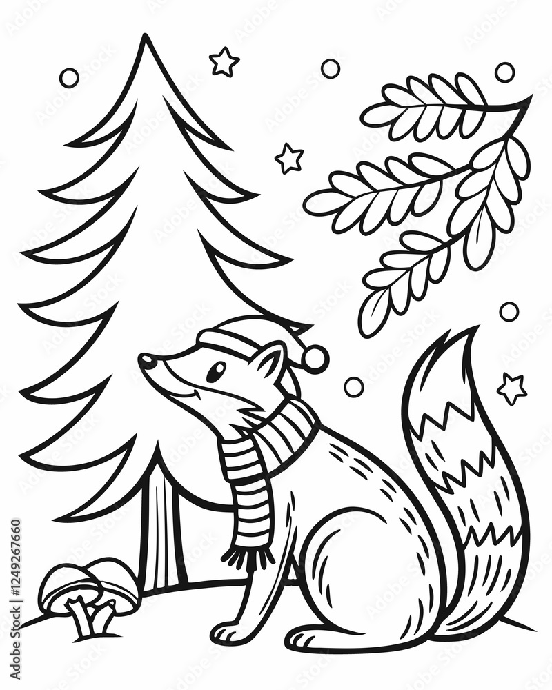 Obraz premium Winter mood coloring page. Coloring book with woodland animal, badger in hat. Printable coloring page for children.