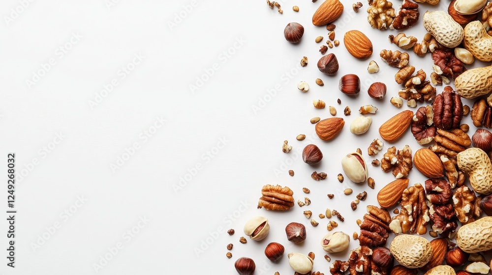 Assorted Nuts and Seeds on White Background for Healthy Snacking and Culinary Use Assorted Nuts and Seeds on White Background for Healthy Snacking and Culinary Use