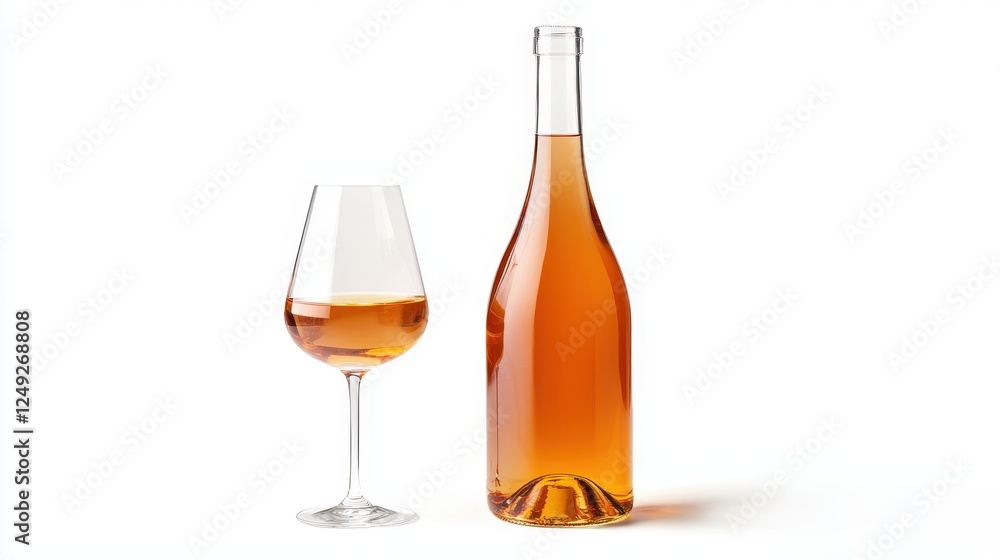 Elegant glass of wine beside a stylish bottle on a clean background showcasing a warm amber hue