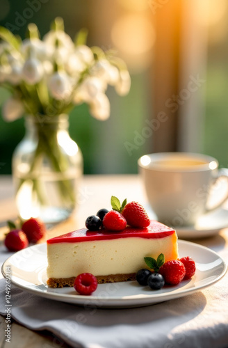 Cheesecake with fresh berries lying on a plate, in the background out of focus a cup of coffee and a bouquet of white snowdrops in a vase