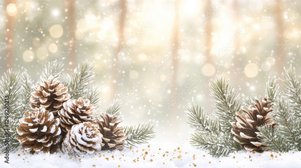 Winter Wonderland Scene with Pinecones and Snowy Background Winter Wonderland Scene with Pinecones and Snowy Background
