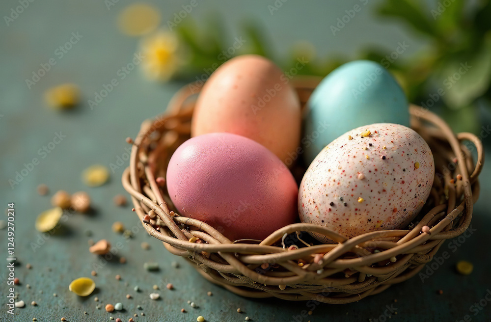 Colorful Eggs in wicker basket Easter Card Background AI Generative Colorful Eggs in wicker basket Easter Card Background AI Generative