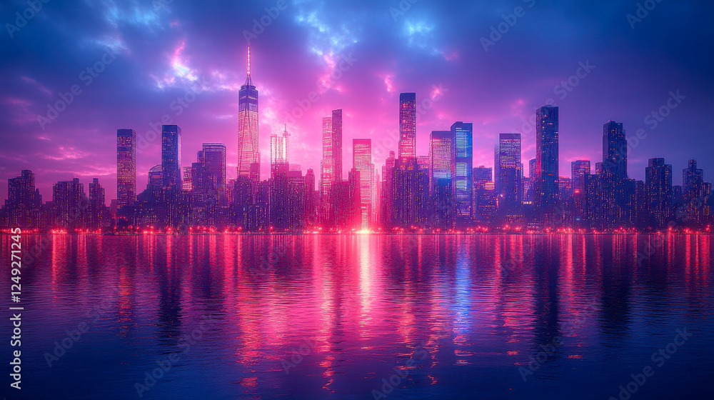 Fototapeta premium Vibrant city skyline with towering skyscrapers reflecting on serene waters during twilight hours