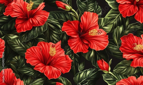 Wallpaper Mural Red hibiscus flowers, lush green leaves, dark background; tropical seamless pattern for textile design Torontodigital.ca