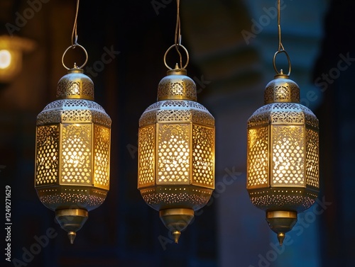 Three hanging lanterns with gold and white patterned designs. Aesthetic Moroccan style fixture for home decoration or outdoor lighting.